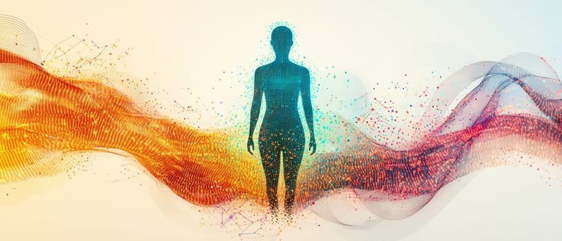 A human silhouette made of digital dots stands surrounded by swirling lines of marketing data, representing consumer behavior.