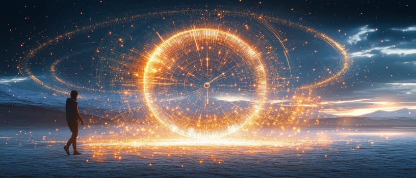 A clock surrounded by glowing digital lines and dots disintegrates into particles, with a person stepping away into a quiet landscape.