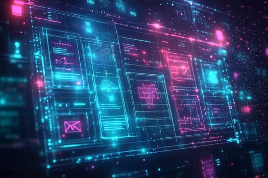 A glowing blueprint-style interface with wireframes floats in a dark digital space.