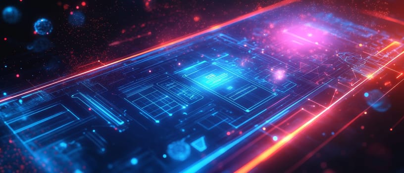 A glowing blueprint-style interface with wireframes floats in a dark digital space.
