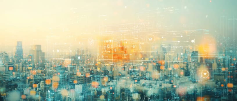 A digital interface made of translucent layers floats above an abstract cityscape of connected data points.