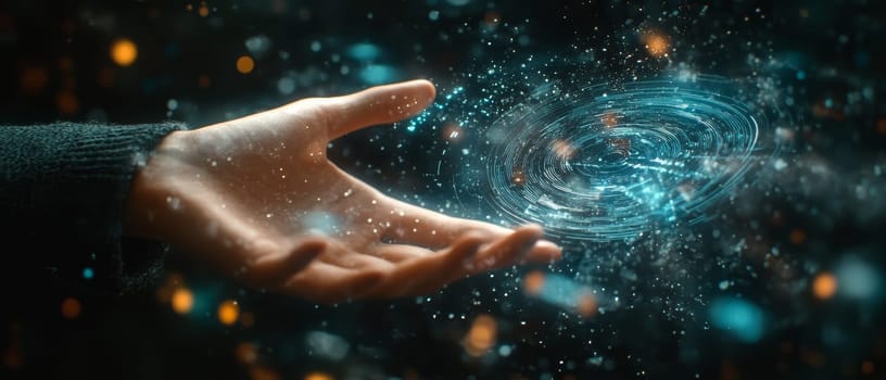 A hand reaches toward a holographic interface, with each touch illuminating ripple-like particle effects that spread across the screen.