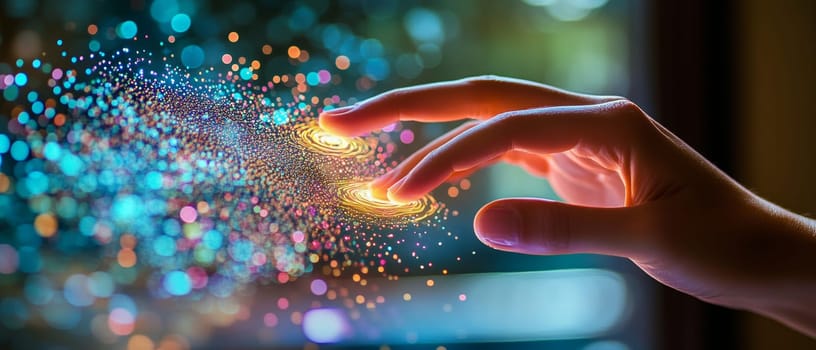 A hand reaches toward a holographic interface, with each touch illuminating ripple-like particle effects that spread across the screen.