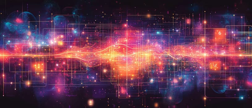 An abstract grid made of glowing lines and shapes, representing a design framework, is overlaid with transparent UI elements and flowing particle streams.
