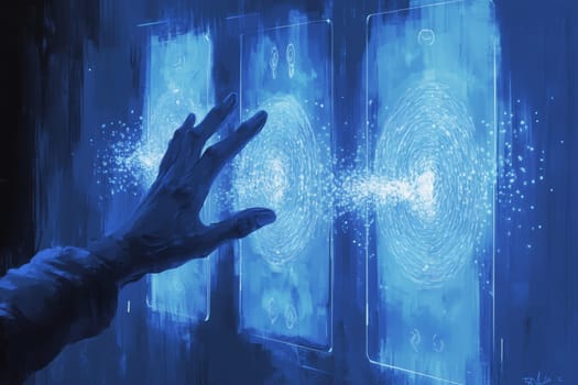 A hand reaches toward a holographic interface, with each touch illuminating ripple-like particle effects that spread across the screen.