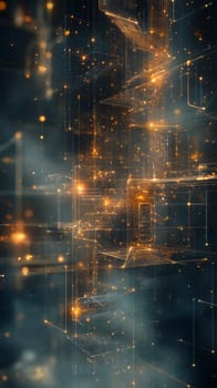 An abstract grid made of glowing lines and shapes, representing a design framework, is overlaid with transparent UI elements and flowing particle streams.