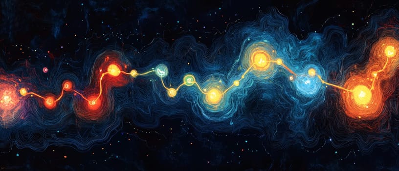 A series of illuminated paths and nodes represent the user journey through a digital interface.