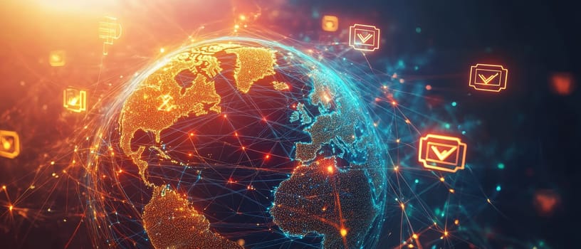 An abstract globe with glowing network lines connecting different countries, surrounded by floating holographic symbols representing diplomacy.