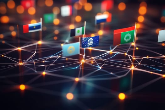 Multiple flags from different countries wave above a digital interface.