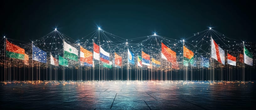 Multiple flags from different countries wave above a digital interface.