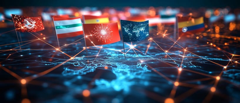 Multiple flags from different countries wave above a digital interface.