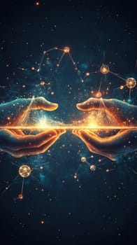 A glowing digital bridge connects two hands from different countries, symbolizing digital diplomacy.