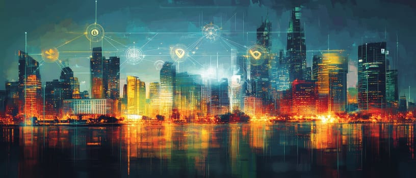 An abstract cityscape representing international government institutions, with holographic overlays of diplomatic symbols.