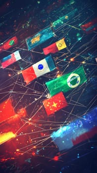 Multiple flags from different countries wave above a digital interface.