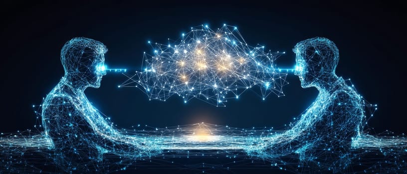 Two holographic figures representing diplomats are seated across a table, connected by a glowing, digital data stream.