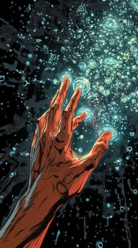 A hand reaches toward a holographic interface, with each touch illuminating ripple-like particle effects that spread across the screen.