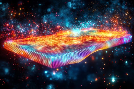 A digital canvas floating in a virtual space, where pixelated and holographic shapes emerge, transforming into a vivid piece of art.