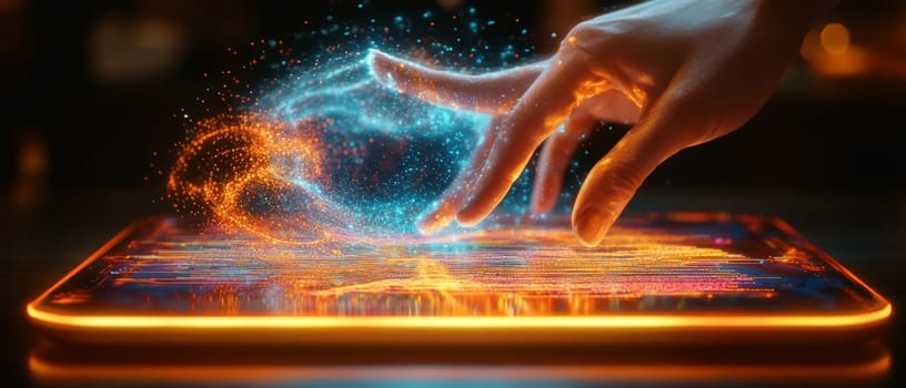 An artist’s hand reaches out toward a holographic tablet, where lines of code morph into an intricate digital artwork.