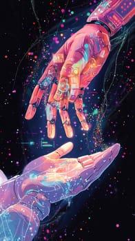 A robotic hand reaches out to a patient, with holographic data charts and particle effects swirling between them, representing AI-driven diagnostics and digital transformation in medical care.