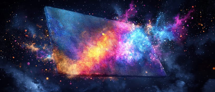 A digital canvas floating in a virtual space, where pixelated and holographic shapes emerge, transforming into a vivid piece of art.