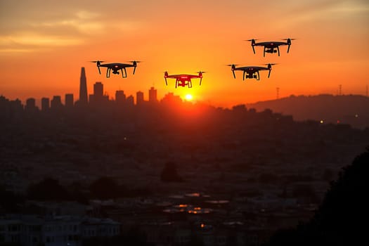 Drones fly in the sunset sky over the city. Police drones. Drone attack.