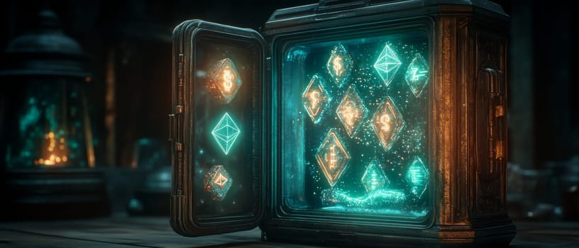 A futuristic vault opens to reveal assets as floating tokens inside.