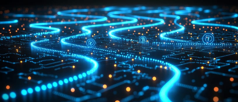 A maze-like path made of glowing blockchain ledgers and circuits, with digital tokens representing real-world assets floating along.