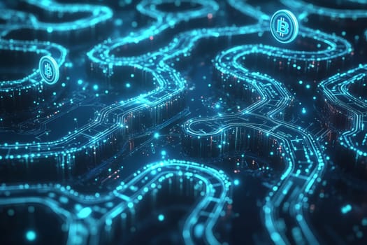 A maze-like path made of glowing blockchain ledgers and circuits, with digital tokens representing real-world assets floating along.