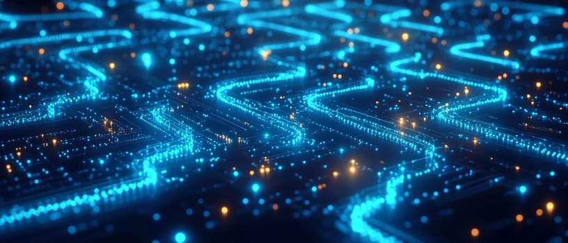 A maze-like path made of glowing blockchain ledgers and circuits, with digital tokens representing real-world assets floating along.