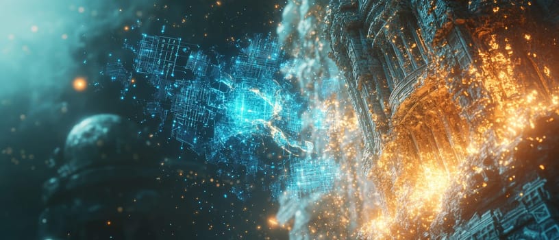 A physical asset, like a building or artwork, is shown breaking into glowing fragments, each piece becoming a token represented by blue-toned dots and digital lines.