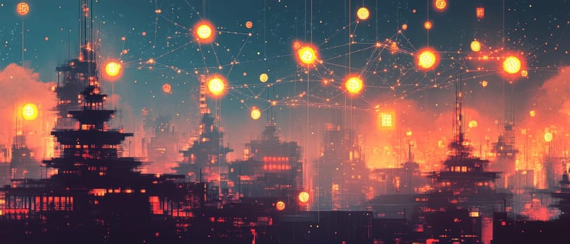 A complex web of interconnected tokens floats over a futuristic cityscape.