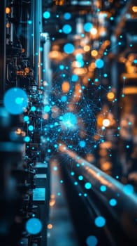 A traditional factory shatters into digital fragments, as blue-toned dots and abstract network connections emerge from the cracks.