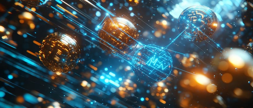 A digital marketplace filled with floating assets in the form of tokens, each connected by lines of blockchain data.