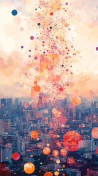 A complex web of interconnected tokens floats over a futuristic cityscape.
