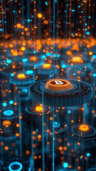 A digital marketplace filled with floating assets in the form of tokens, each connected by lines of blockchain data.