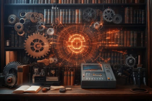 A grid of traditional tools like gears, books, and cash registers is superimposed with a digital matrix of holographic data, connecting each tool to a virtual network.