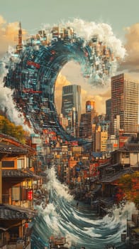 A massive digital wave composed of code and circuits washes over a traditional cityscape.