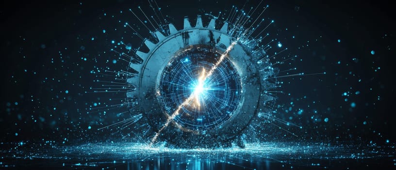 A large cog, representing traditional industry, is split in half by a beam of light, revealing a glowing digital core beneath.