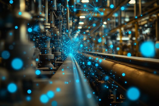 A traditional factory shatters into digital fragments, as blue-toned dots and abstract network connections emerge from the cracks.