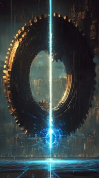 A large cog, representing traditional industry, is split in half by a beam of light, revealing a glowing digital core beneath.
