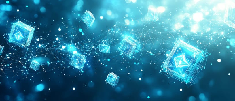 A digital marketplace filled with floating assets in the form of tokens, each connected by lines of blockchain data.