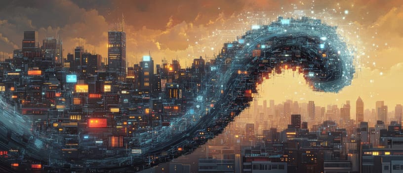 A massive digital wave composed of code and circuits washes over a traditional cityscape.