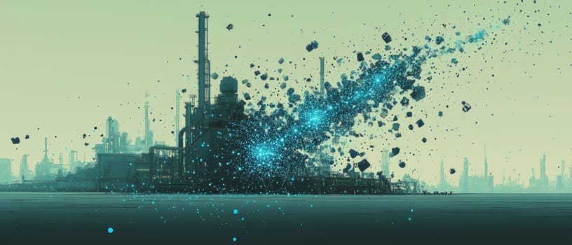 A traditional factory shatters into digital fragments, as blue-toned dots and abstract network connections emerge from the cracks.