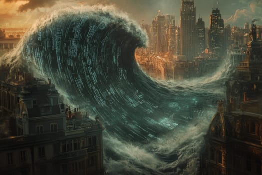 A massive digital wave composed of code and circuits washes over a traditional cityscape.