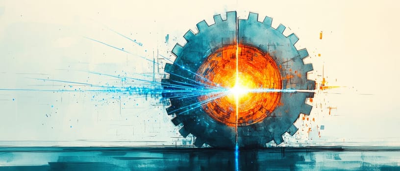 A large cog, representing traditional industry, is split in half by a beam of light, revealing a glowing digital core beneath.