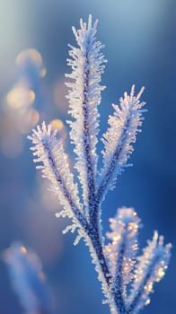 A close-up of evergreen needles coated in frost, each needle sharply defined, sparkling in the early morning sunlight, capturing the delicate beauty of winter.