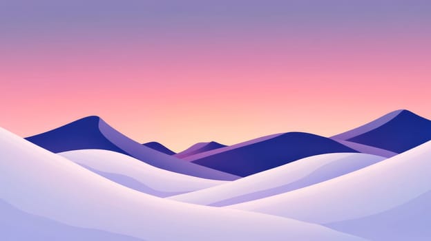 Snow-covered mountain silhouettes at dusk, with the soft pink and purple hues of the fading sunset reflecting off the pristine snow, creating a peaceful twilight.