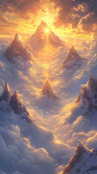 Snow-capped mountains piercing through a thick layer of clouds, with the highest peaks bathed in golden sunrise light, creating an ethereal and tranquil scene.