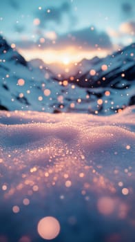 Snow-covered mountain peaks glowing with a soft pink hue as the last light of the day touches their summits, creating a breathtaking and magical moment.