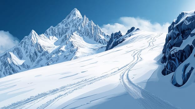 A steep, snow-covered mountain slope with a single set of ski tracks carving through the fresh powder, leading up toward the towering peak in the distance.